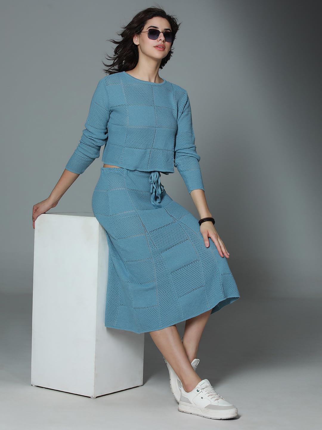 High Star Women's Blue Pure Cotton Long Sleeves Round Neck Co-Ord Set