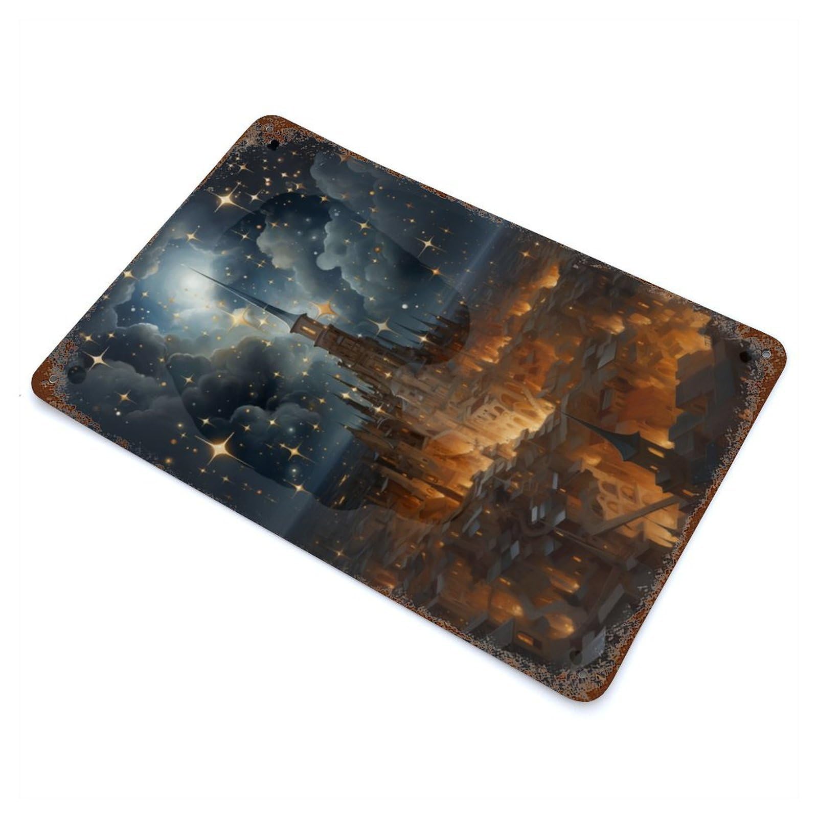 Rust Effect Epic Star Castle Rusty Metal Tin Sign 11.8"x7.9", Old School Wall Decor for Basement, Hobby Room And Garage Decor