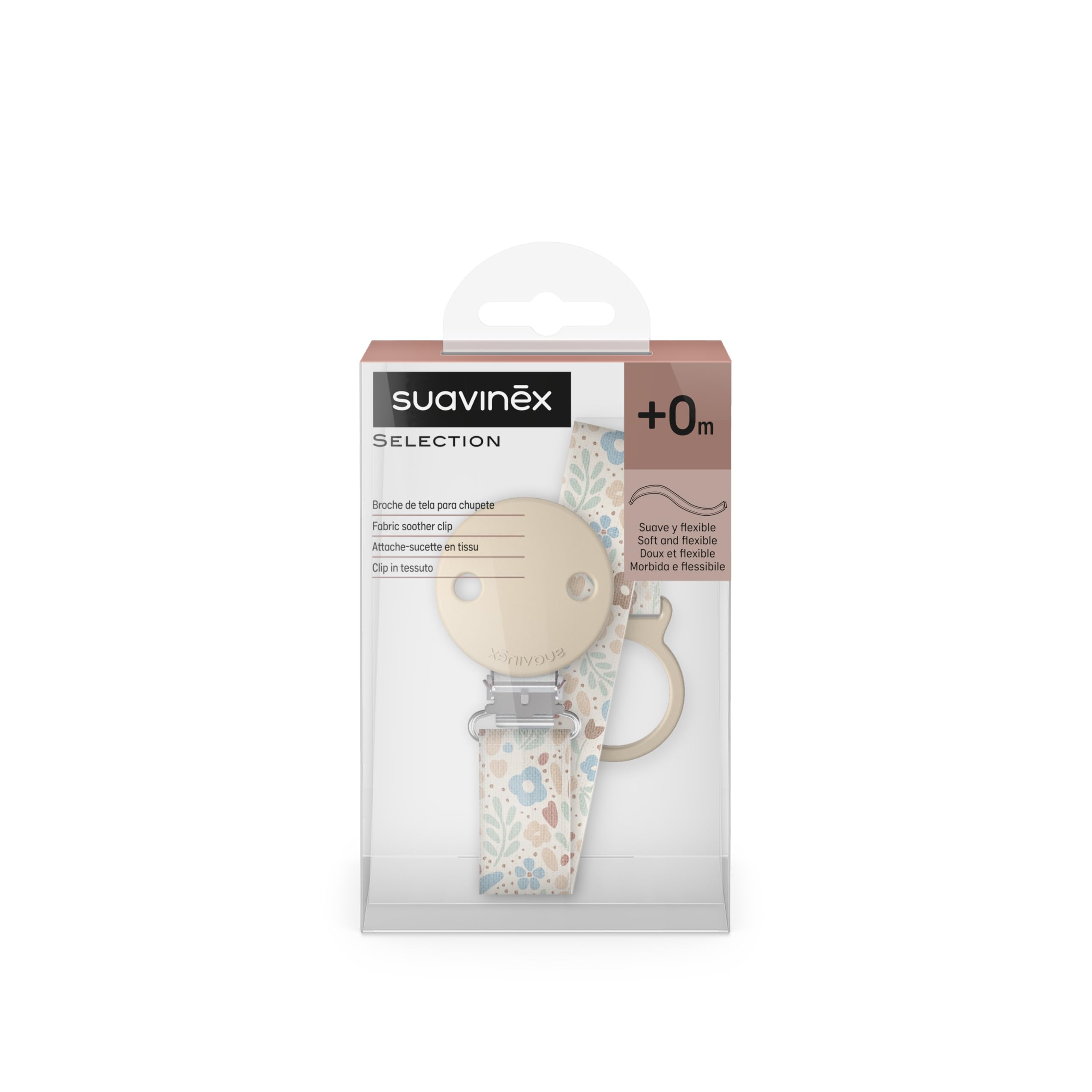 Suavinex, Portaciuccio in tessuto per neonati, Nastro con disegno double-face, Catenella per ciuccio, Clip con fermaglio, per ciucci con anello. +0 mesi, adatto ai neonati, Wonder Fiori Beige