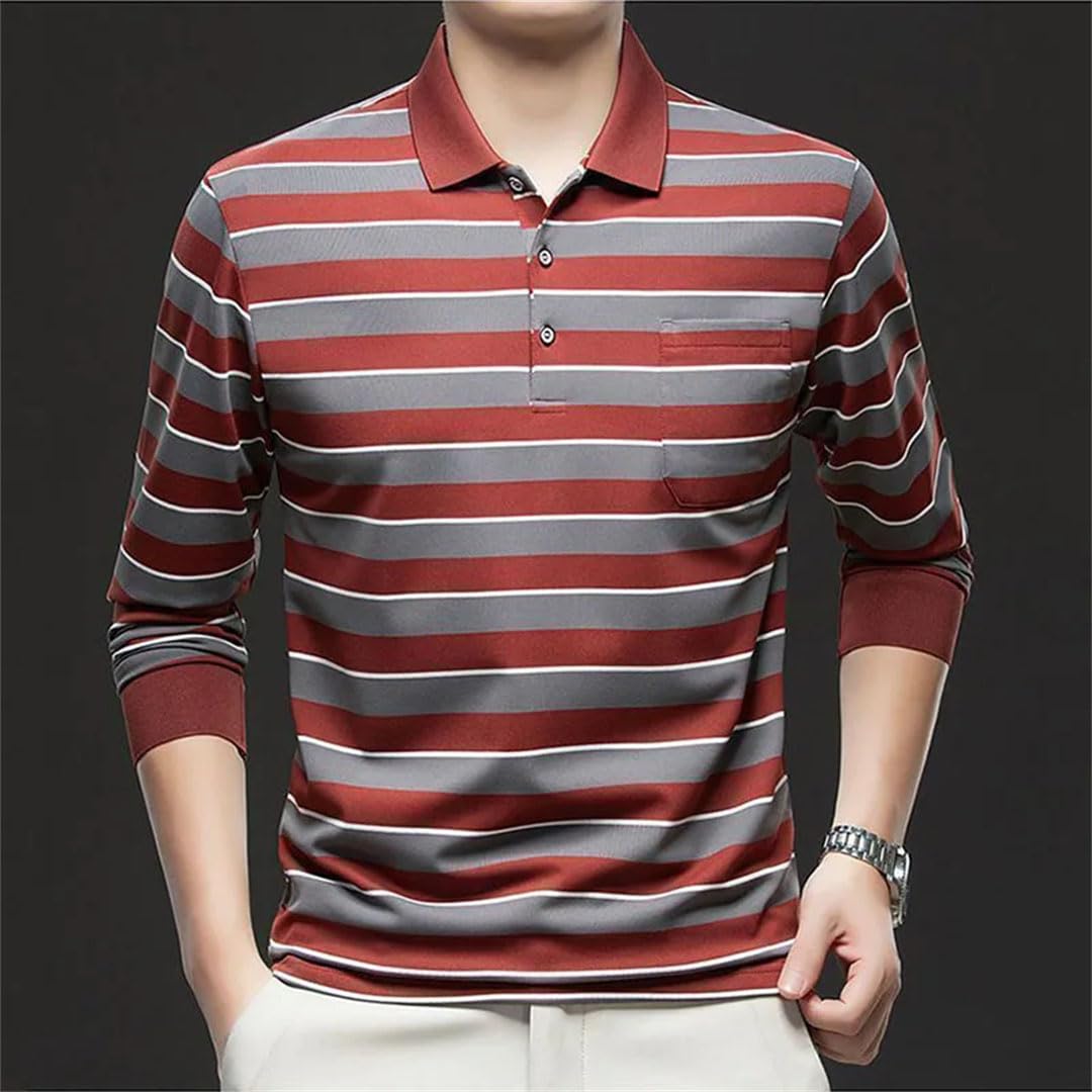 Polo da uomo in cotone tinta unita a maniche lunghe sottili belle tasche colletto rovesciato a righe pannelli allentati top