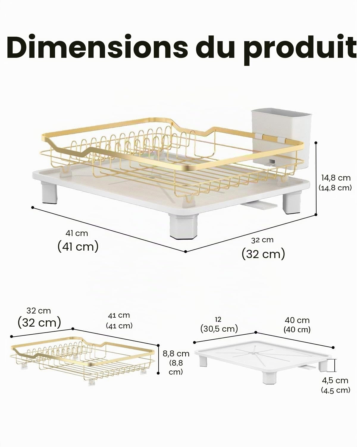 APPASO Égouttoir à vaisselle doré, antirouille avec porte-couverts et base auto-drainante, pieds antidérapants et assemblage facile – Égouttoir à ustensiles peu encombrant pour comptoir de cuisine
