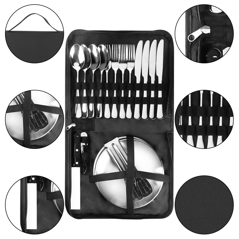 Camping Geschirr 2/4 Personen, 11/21PCS Camping Zubehör Camping Besteck Set Edelstahl Picknick Zubehör mit Flaschenöffner, Steakmesser, Löffel Gabel Messer Teller für Camping/Grillen/Wandern