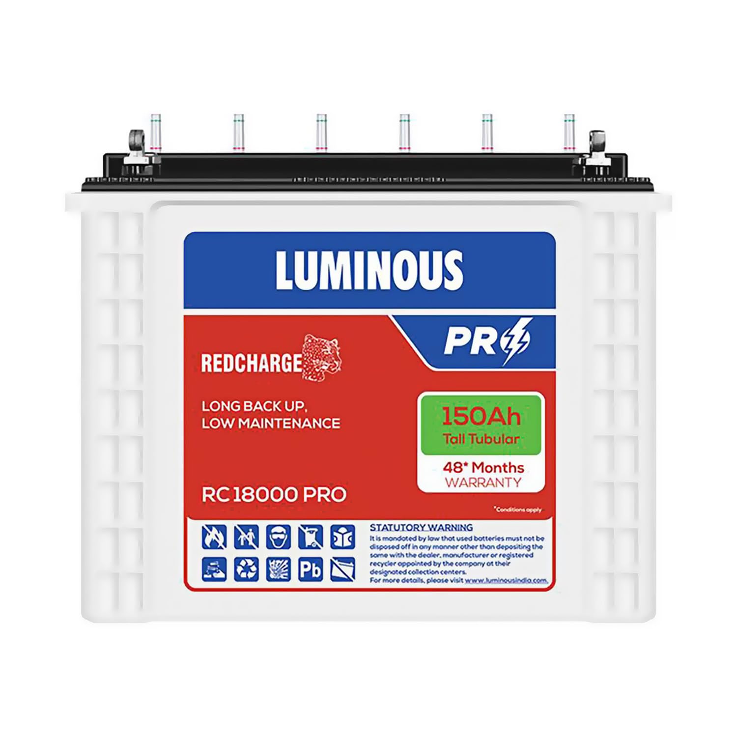 Luminous Red Charge RC 18000 PRO Tall Tubular Inverter Battery for Home, Office & Shops | 150Ah/12V High-Performance, Durable & Low Maintenance Battery | Easy Installation | 48 Months Warranty