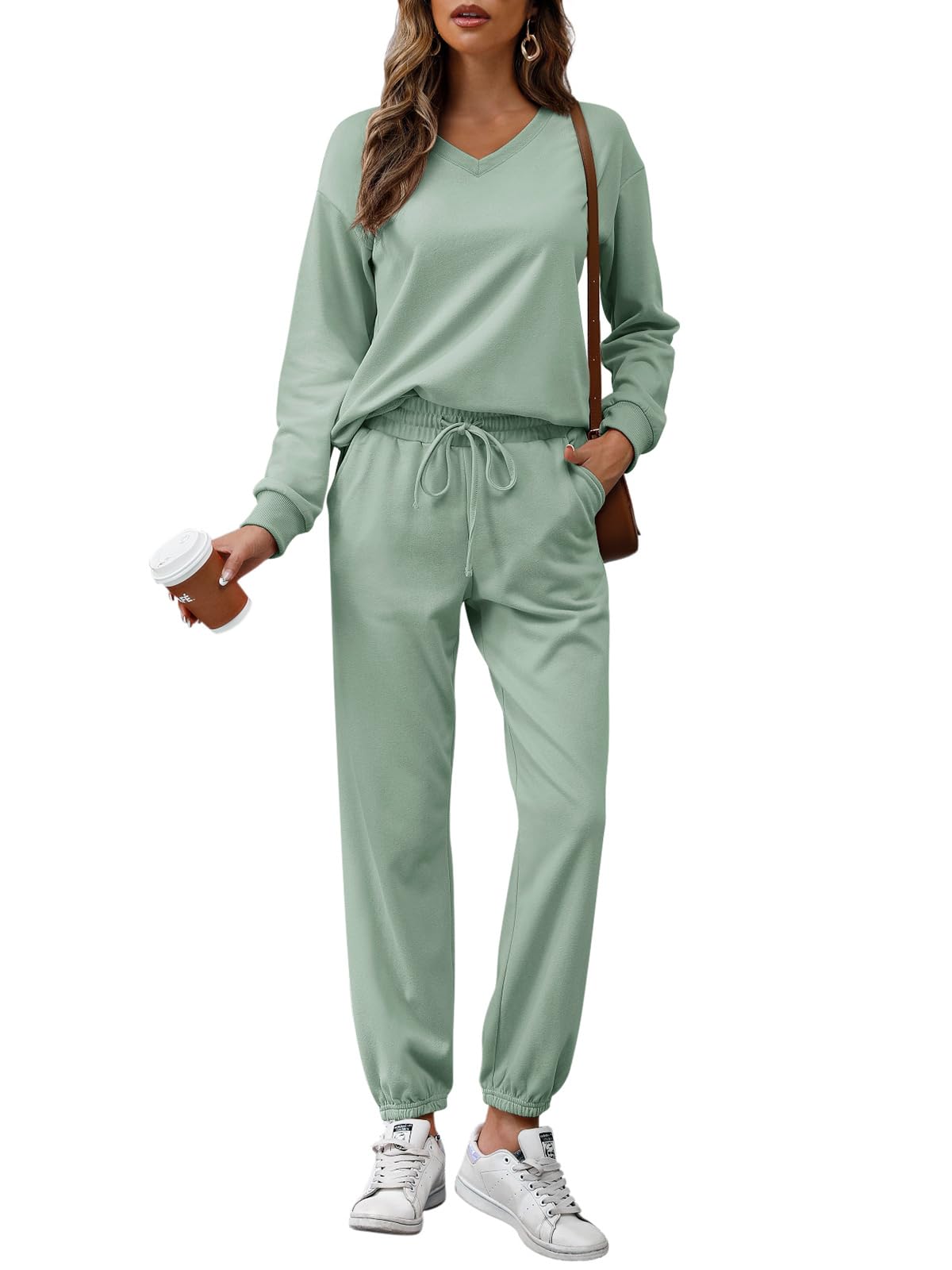 REORIA Damen Baumwolle Jogginganzug V-Ausschnitt Zweiteiler Elegant Langarm Trainingsanzug Hausanzug Sport Set Lounge Set