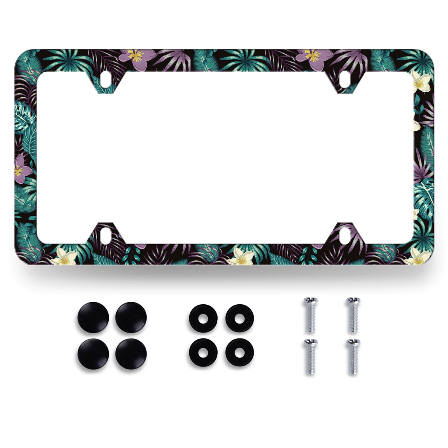 Tropical Flowers License Plate Frame Beautiful Purple Plumeria Floral License Plate Funny Stainless Steel Accessory Colorful License Plate Personalise