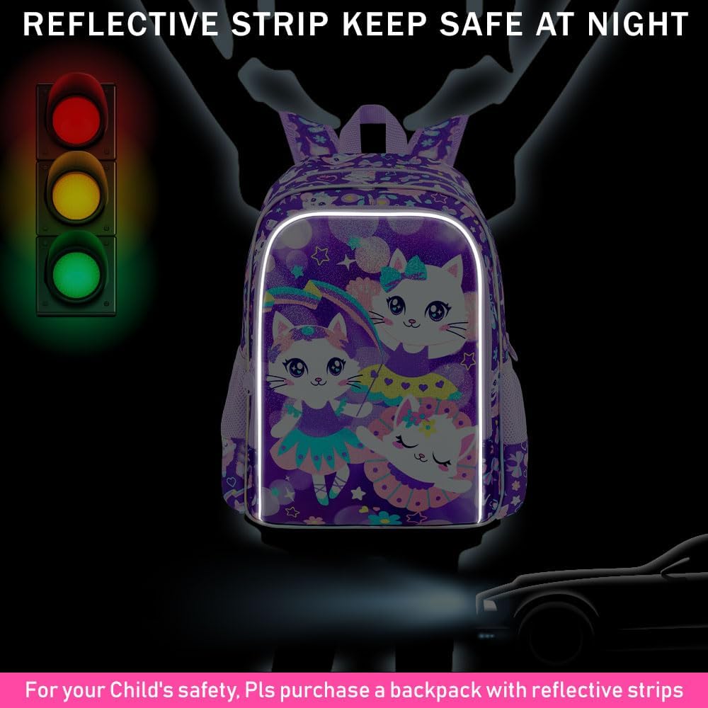 KLFVB 3PCS Girls Cat Backpack, Water Resistant Kids Bookbag with Lunch Box, 16" Preschool Backpacks for Elementary - Purple Cat - Image 3