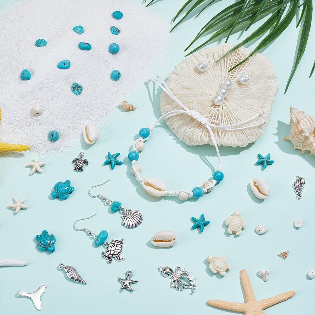 SUNNYCLUE 1 Box 422pcs Sea Turtle Beads Ocean Life Beads Lucky Gem Stone Hawaii Sea Beach Animal Turtle Starfish Fish Seashell Spacer Bead for Jewelry Making Earrings Bracelets Adults Supplies Crafts