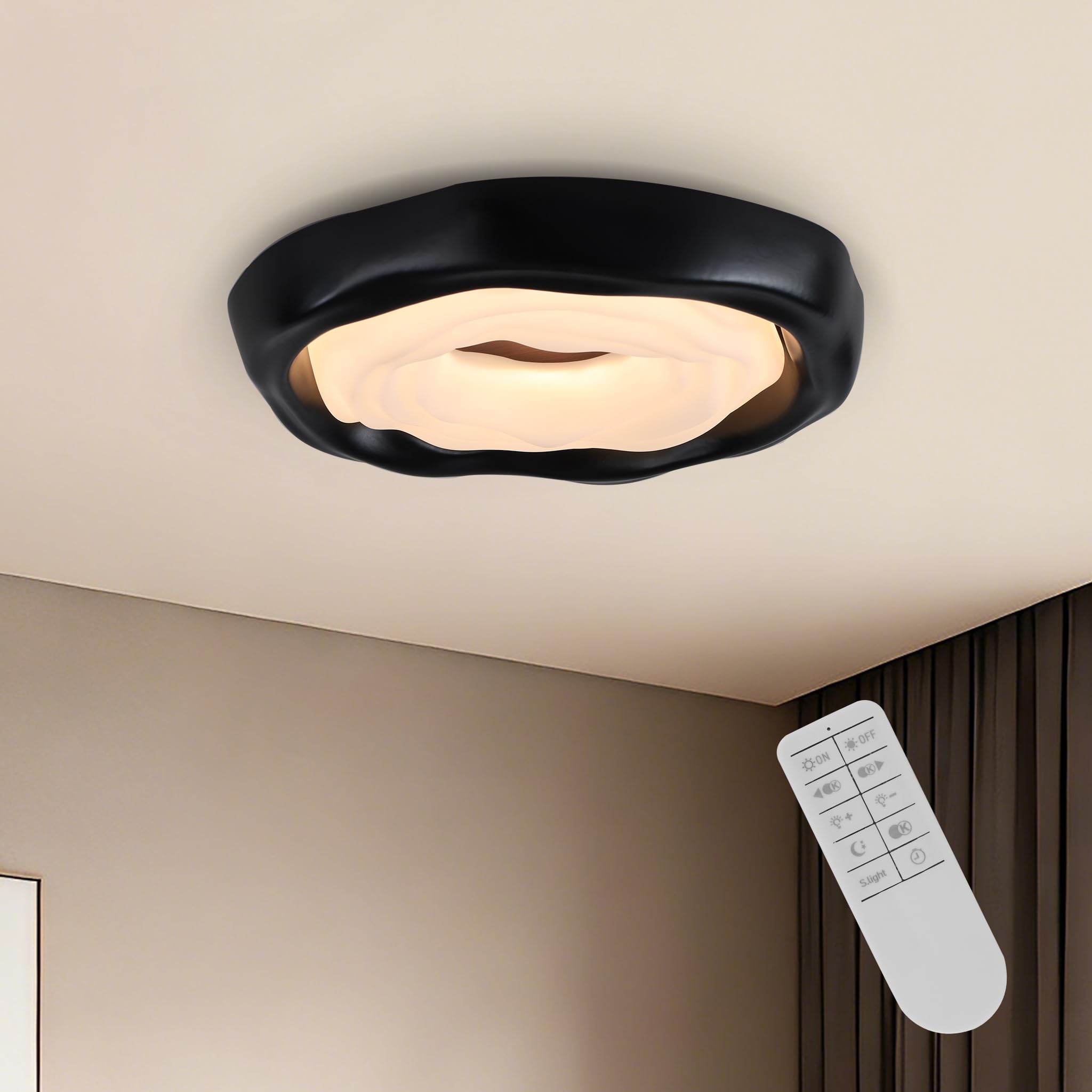 meibeileil Modern Led Ceiling Light,Round Metal Base Flush Mounted Lights Ceiling,Dimmable Ceiling Lamp with Remote Control for Kitchen,Bedroom,Dining Room,Entrance,Hallway Lighting,48W,Black.
