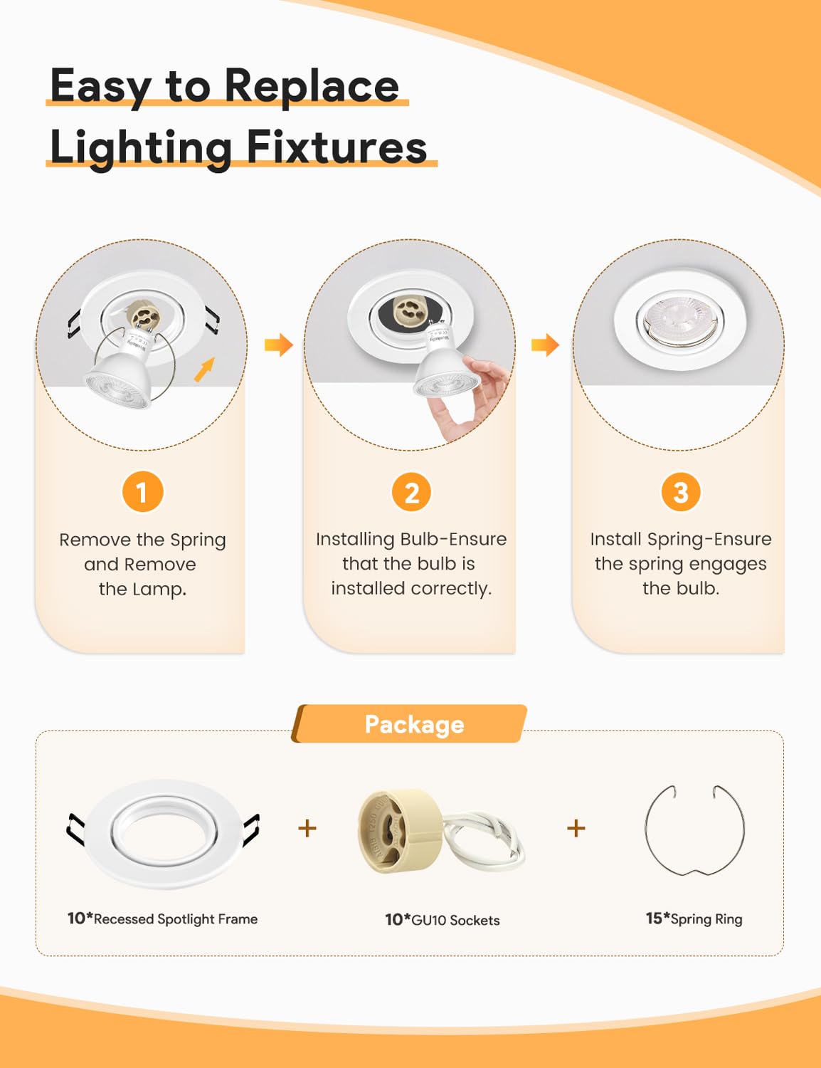 Set de Spots Encastrables GU10, Lot de 10 Cadres Ronds Blancs, Avec Douille Céramique, Pour LED, AC 230V Ø 68mm, Orientable 30°, Cadre de Montage Pour Plafond