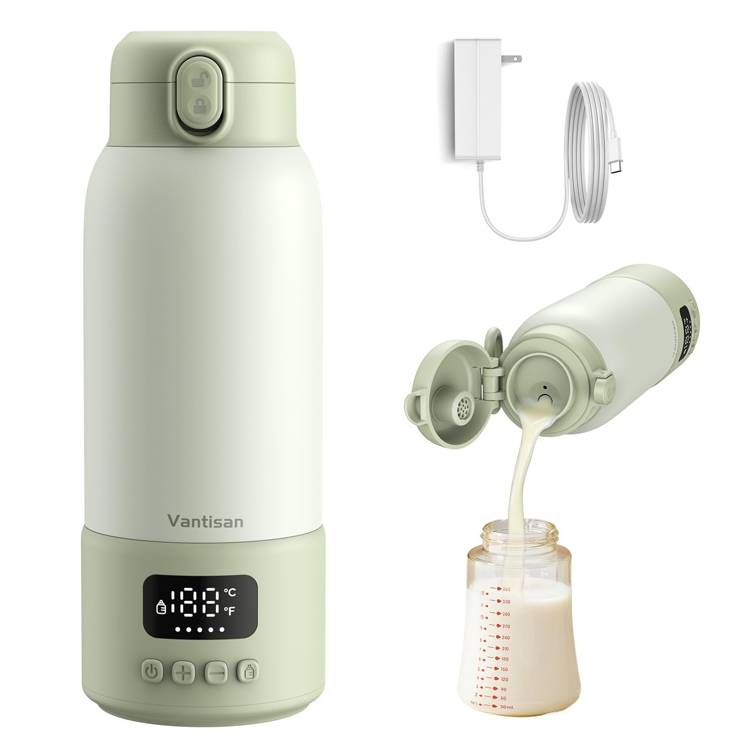 Calentador de Biberones Portátil, Vantisan 500ML(17oz) Termo para Agua Caliente Bebe, 2 Modos para Leche Materna y Agua, Calentador de Leche Portátil para Viaje con Adaptador 45W, 35-100°C Todo Uso