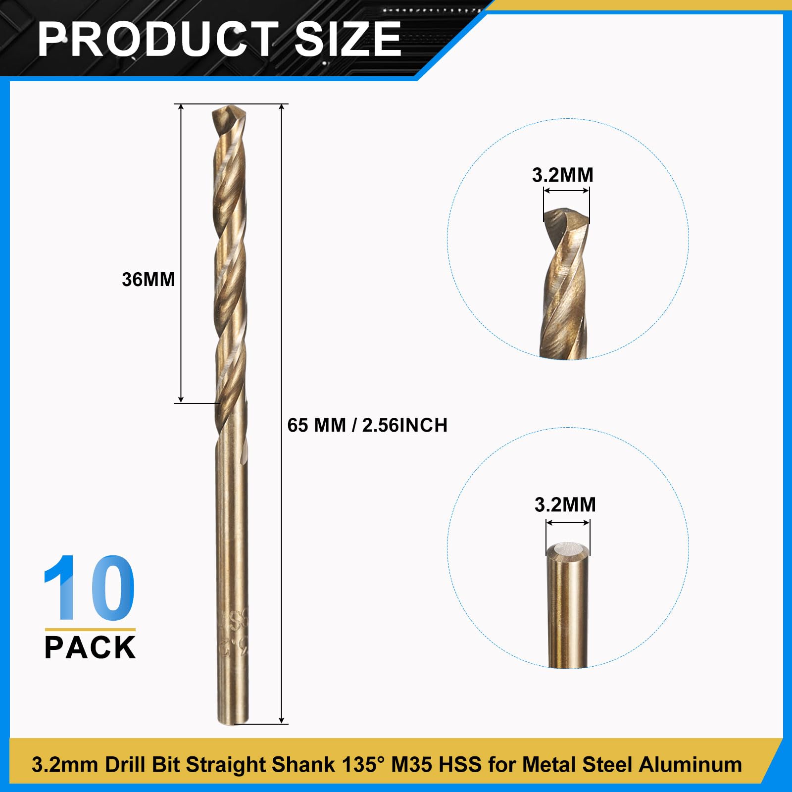 PATIKIL 3.2mm Drill Bit, M35 Cobalt 5% High-Speed Steel Jobber Straight Shank 135° Gold Finish for Stainless Steel Hard Metal - 10 Pack - Image 2