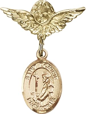 14kt Yellow Gold Baby Badge with St. Dominic de Guzman Charm and Angel w/Wings Badge Pin 1 X 3/4 inches