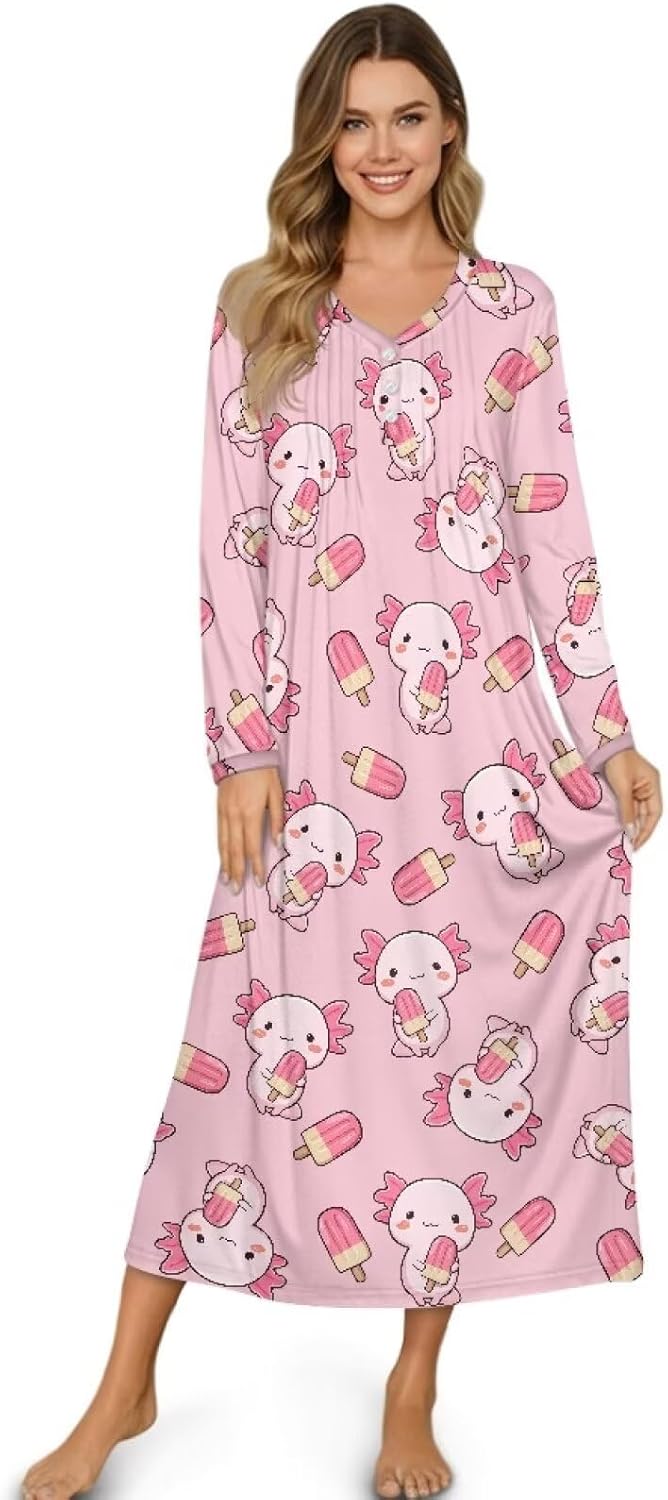 AFPANQZ Long Nightgowns for Women Long Sleeve Sleepshirt 3 Button Sleep Dress Sleepwear Comfortable Soft Nightgown,S-4XL