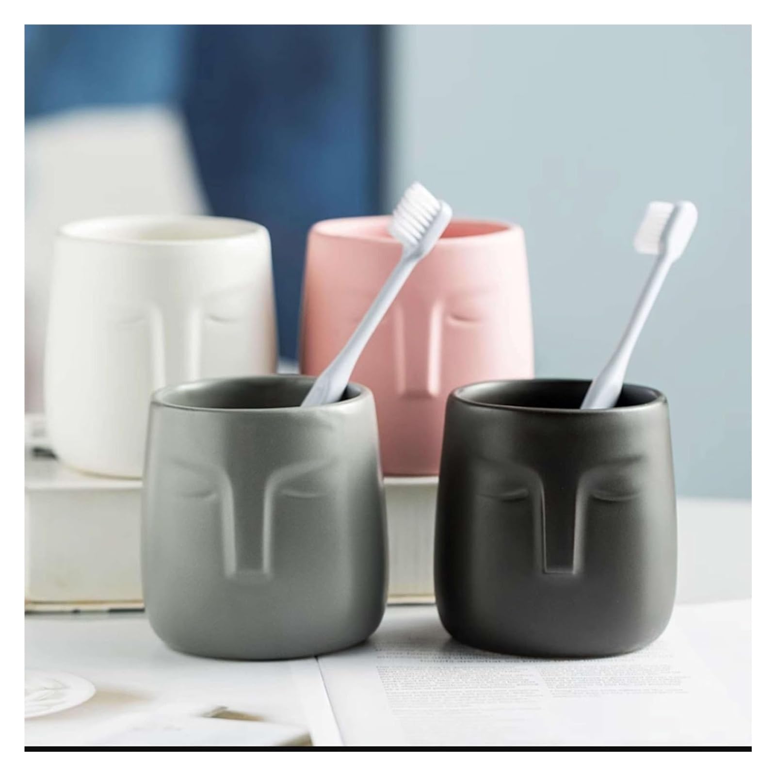 Dozownik mydła, Kubek do płukania ust Nordic Matte Ceramic z dozownikiem balsamu, kształt twarzy, jednokolorowe akcesoria łazienkowe(Black)