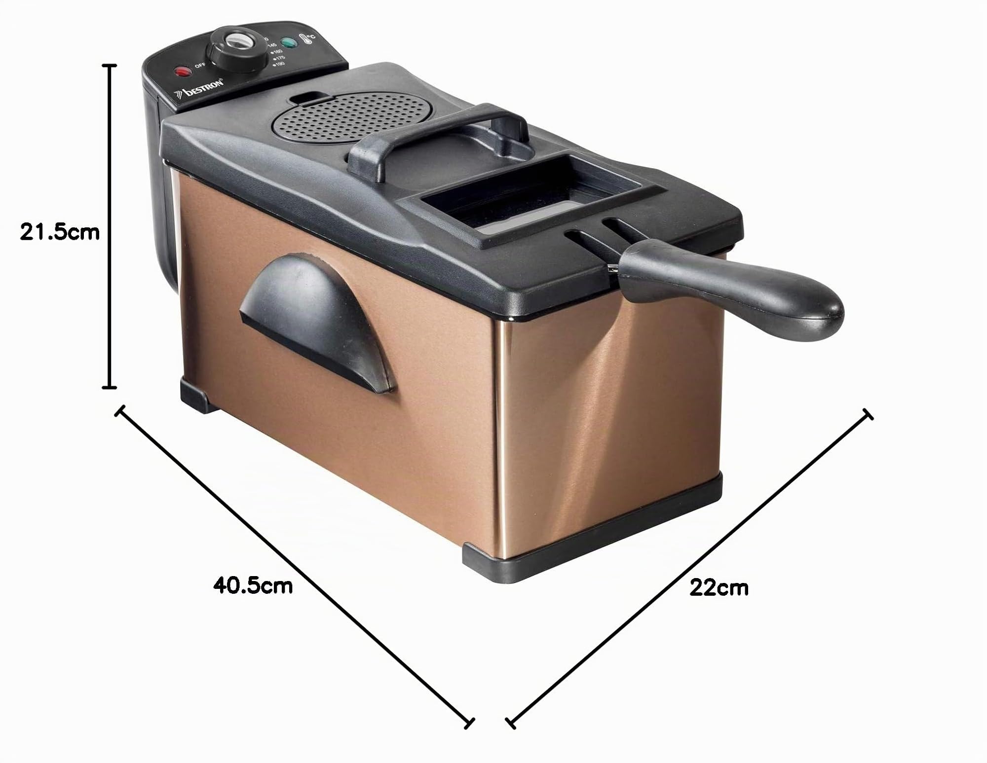 Bestron Friggitrice, friggitrice ad olio con tecnologia a zona fredda, 3,5 litri, con controllo della temperatura, lavabile in lavastoviglie, 2000 watt, colore: Rame
