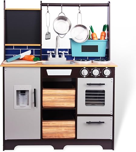 Juego de cocina para niños de 3 a 8 años, cocina de madera con accesorios de cocina y alimentos de corte, incluyendo horno, estufa, grifo y