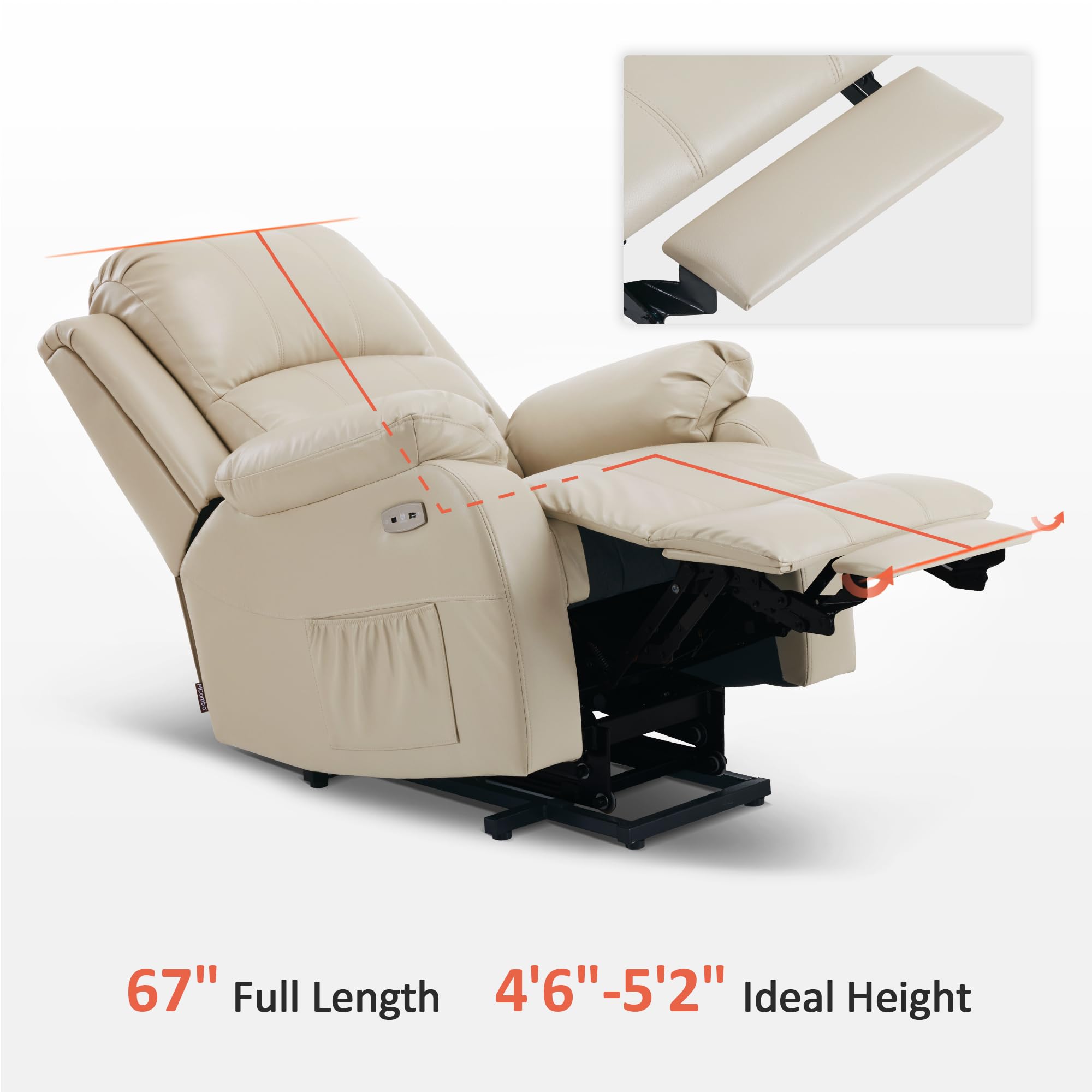 MCombo Small Power Lift Recliner Chair Heat and Massage 7408 Beige | Faux Leather Designed for Petite Elderly 140 Recline 47 Extended Footrest USBType-C ports Cup Holders FSC Certified product thumbnail 7