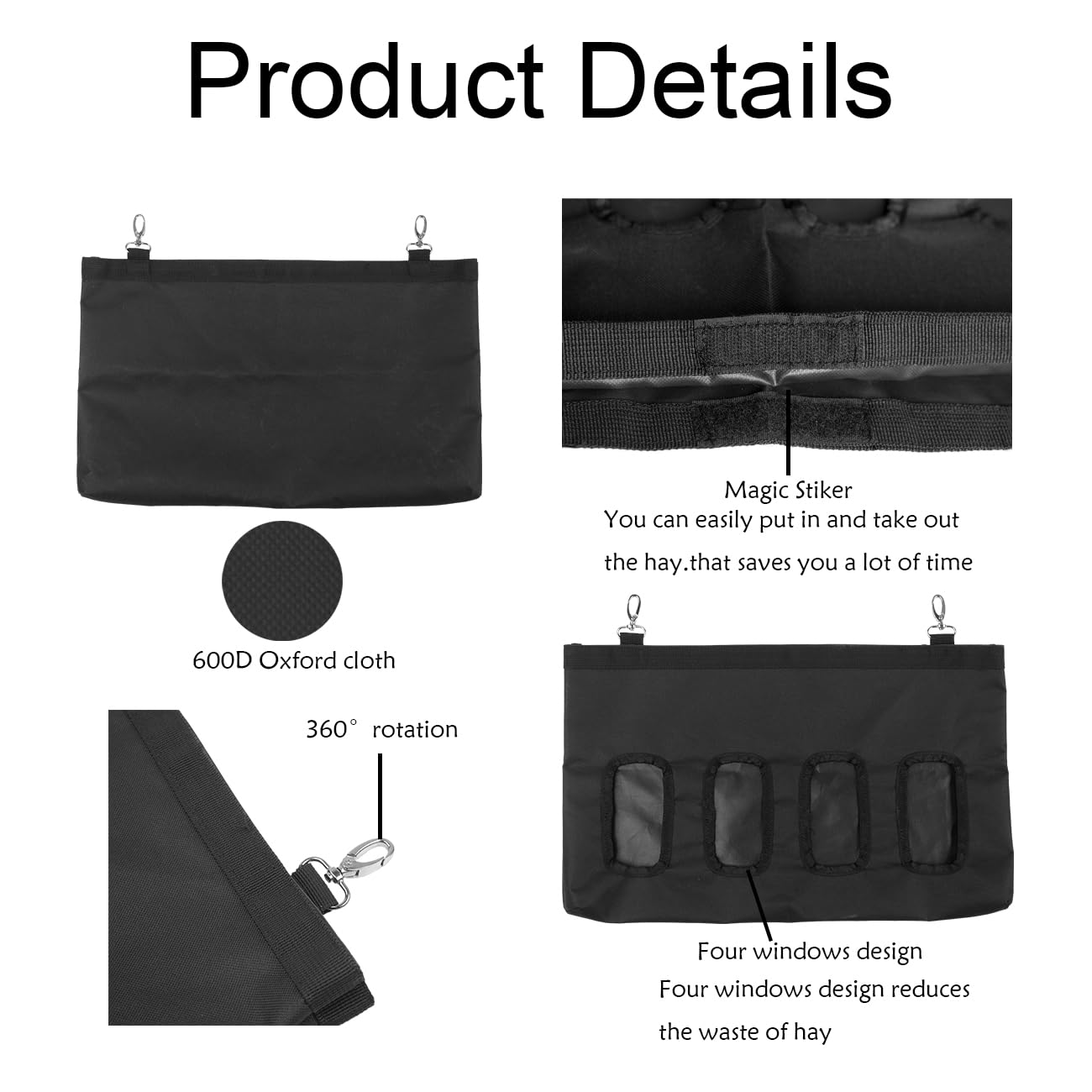 Small Animal Feeder - 18in X11in Rabbit & Guinea Pig Hay Feeder Bag - 600D Oxford Cloth Fabric (Black) - image 3