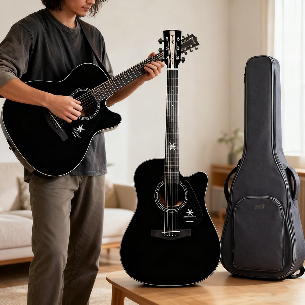 Chitarra Acustica, Set Chitarra Con Spalla Mancante, Custodia Morbida, Plettri, Corde E Tracolla Ideale Per Principianti, Adolescenti E Adulti(nero)