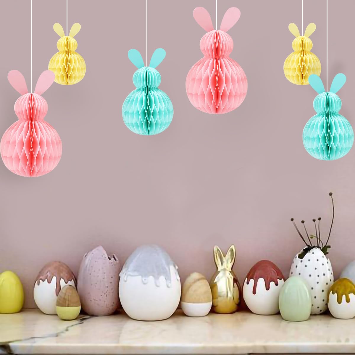 6 Décorations Pâques Lapin Nid D'Abeille - Pompons Suspendus Rose Bleu Jaune