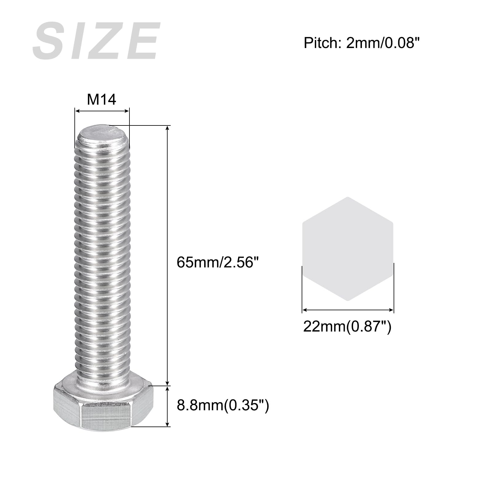 METALLIXITY Hex Bolts (M14-2x65mm) 2Pcs, 304 Stainless Steel Coarse Fully Threaded Hex Head Screw Bolt Machine Screws - Image 2