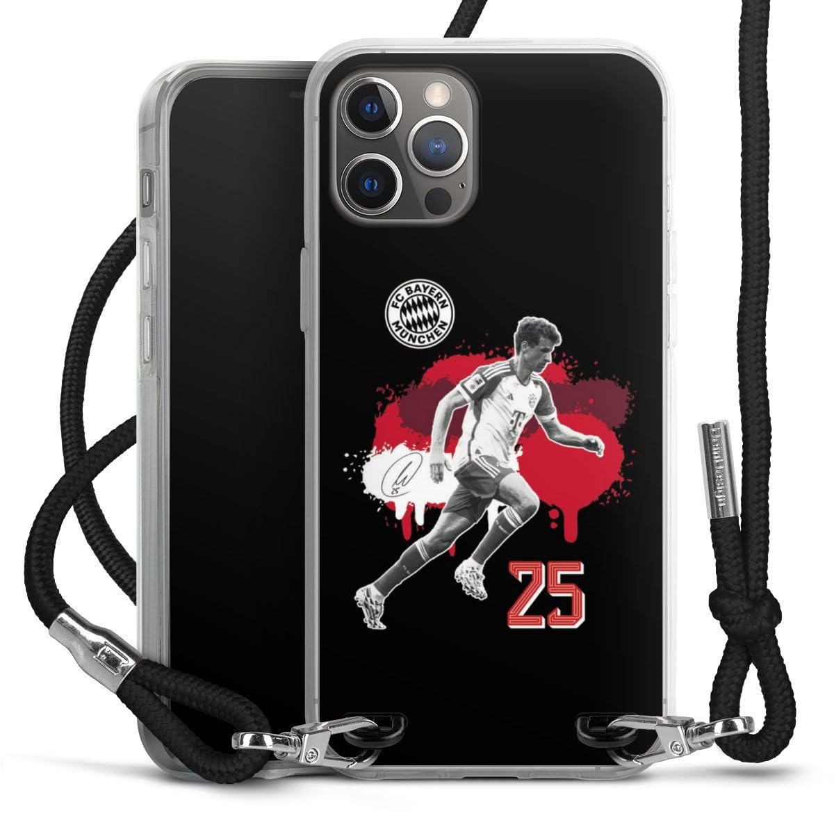 Carry Case kompatibel mit Apple iPhone 12 Pro Hülle mit Band Handykette zum Umhängen schwarz FC Bayern München Thomas Müller Offizielles Lizenzprodukt