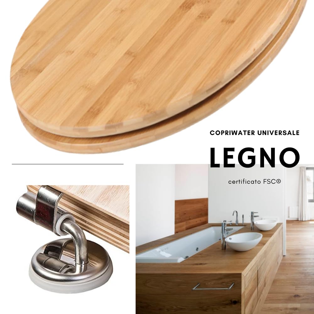 Schläfer 4637154 | Sedile Copriwater Universale Bambus, Tavoletta Bamboo in Legno con Cerniere Regolabili in Acciaio, Copri Wc in Vero Bambù Forma Ovale.