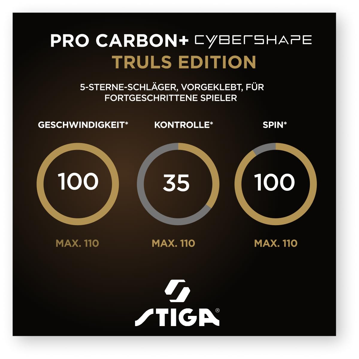 STIGA Pro Carbon Plus Cybershape Truls Edition Tischtennisschläger, 5 Sterne, Größerer optimierter Sweetspot, Touch Carbon-Technologie, ITTF-zugelassene STAR5-Beläge – für Offensive Spieler