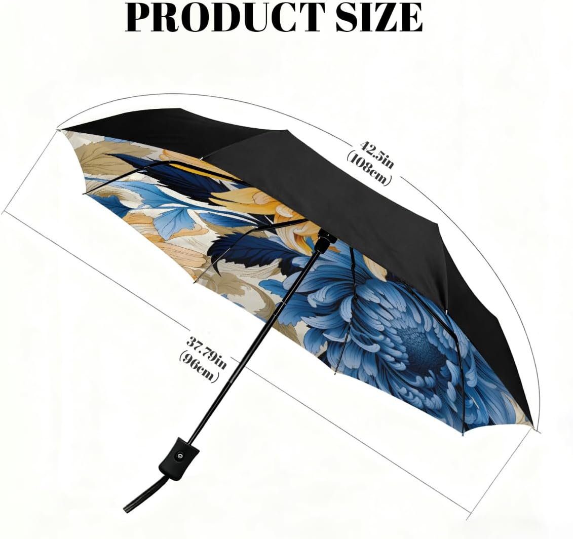 Retro Blue Yellow Peony Folding Umbrella Windproof Compact Lightweight Travel Umbrella with 8 Reinforced Ribs, Portable UV Sun & Rain Protection for Men & Women
