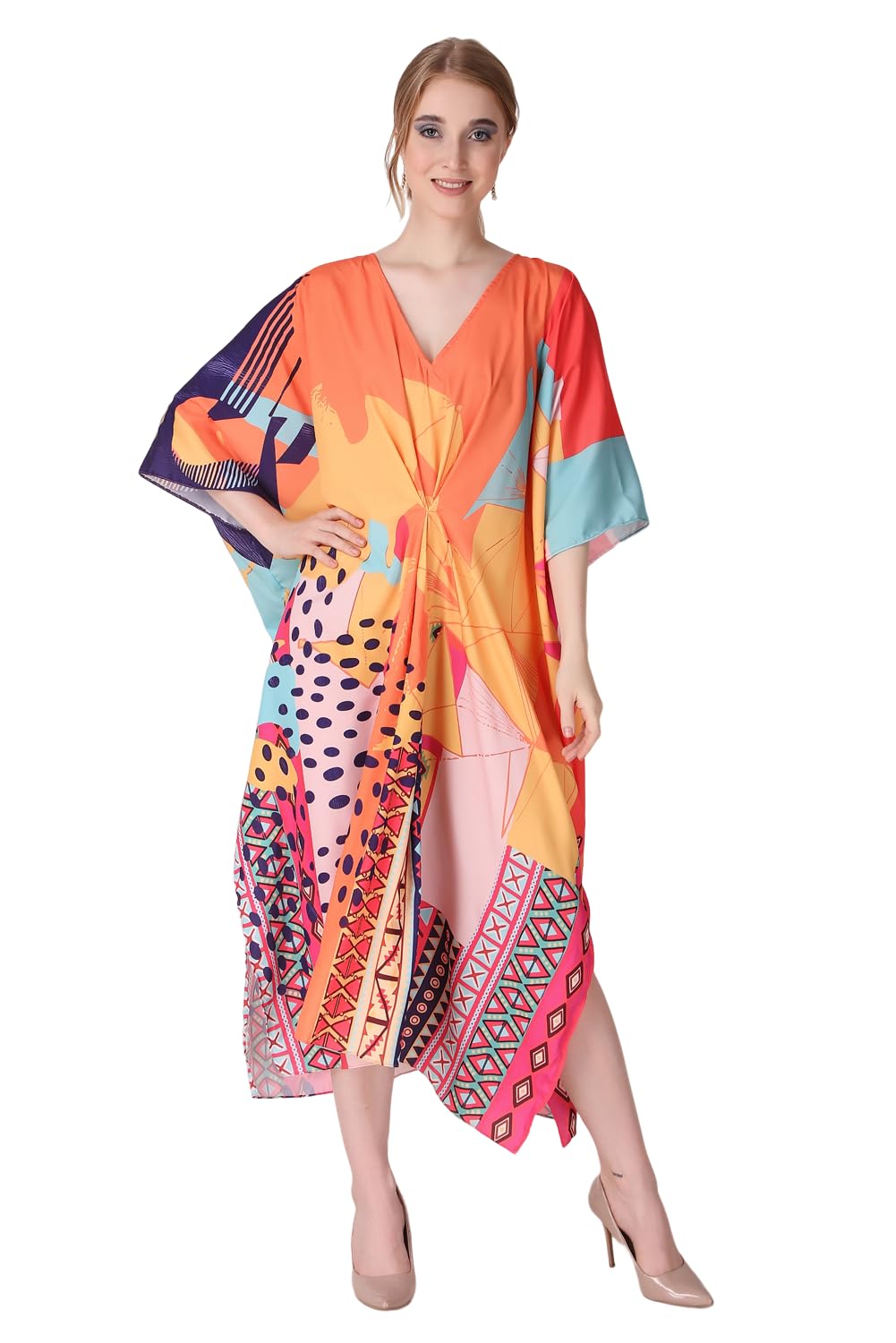 Abstract Kaleidoscopic Drift Printed Crepe Maxi Length Kaftan Dress for Women Multicolor Freesize-image-29