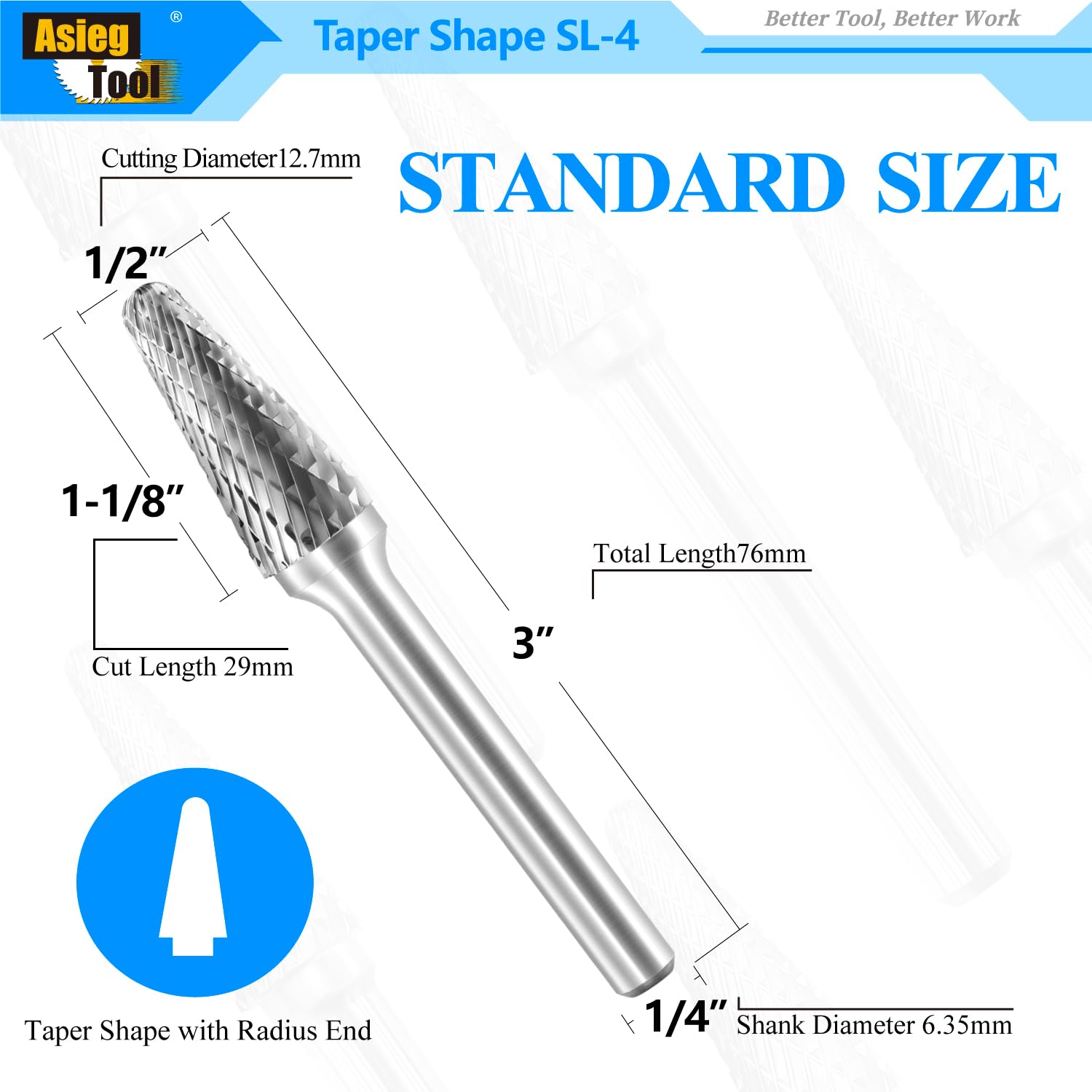 SL-4 Tungsten Carbide Burr Rotary File Taper Shape with Radius End Double Cut with 1/4" Shank for Die Grinder Drill Bit — Amazon image 2