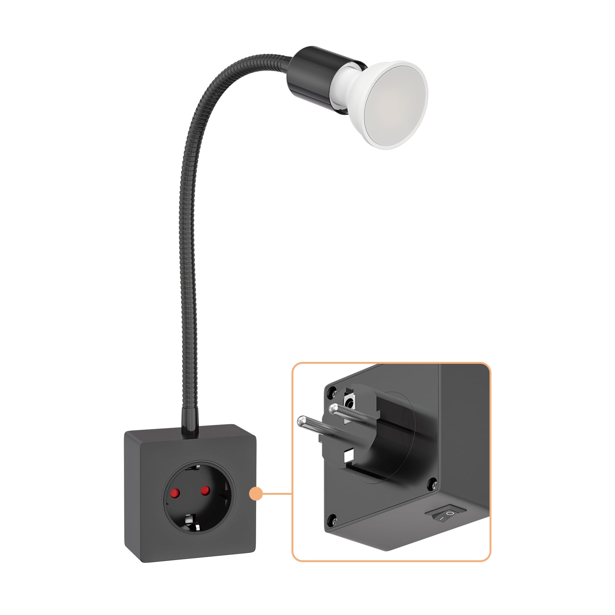 ledscom.de Steckdosenlampe LESCH Leselampe, chrom/schwarz inkl. GU10 LED Lampe 5,8W, 500lm, 3-Stufen-Dimmer, warmweiß