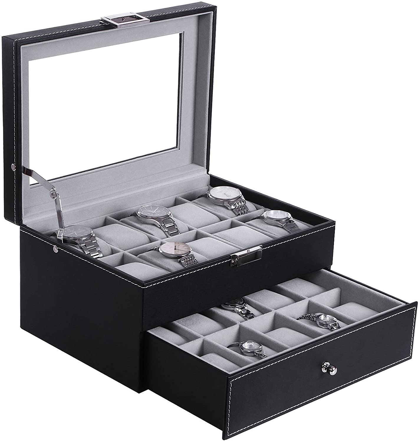 DHVAJ Watch Box Organizer 20 Slots Watch Case Men Display Storage Case Metal Hinge Carbon Fiber Design Glass Top Large Holder Black (B0B566F8C9) Amazon Price History, Amazon Price Tracker