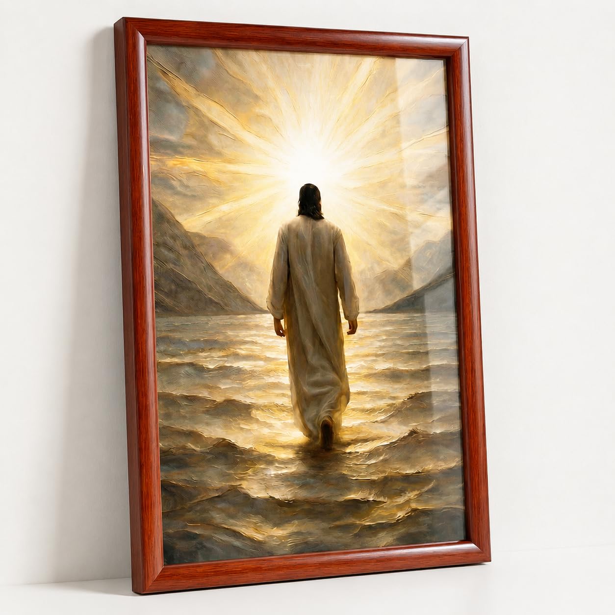 BHIJS Jesus Walking on Water Framed Canvas Wall Art, Christian Wall Decor with Solid Pine Wood Frame and Protective Resin Surface, 16x24 Inch