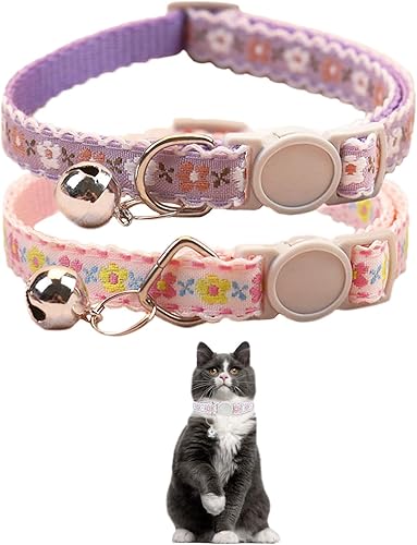 Miniatura 1 de Lindo collar de gatito bordado de flores con campanas, collares de gatos para niños y gatos hembras, ajustable (6.7-12.2 pulgadas) (rosa y morado)