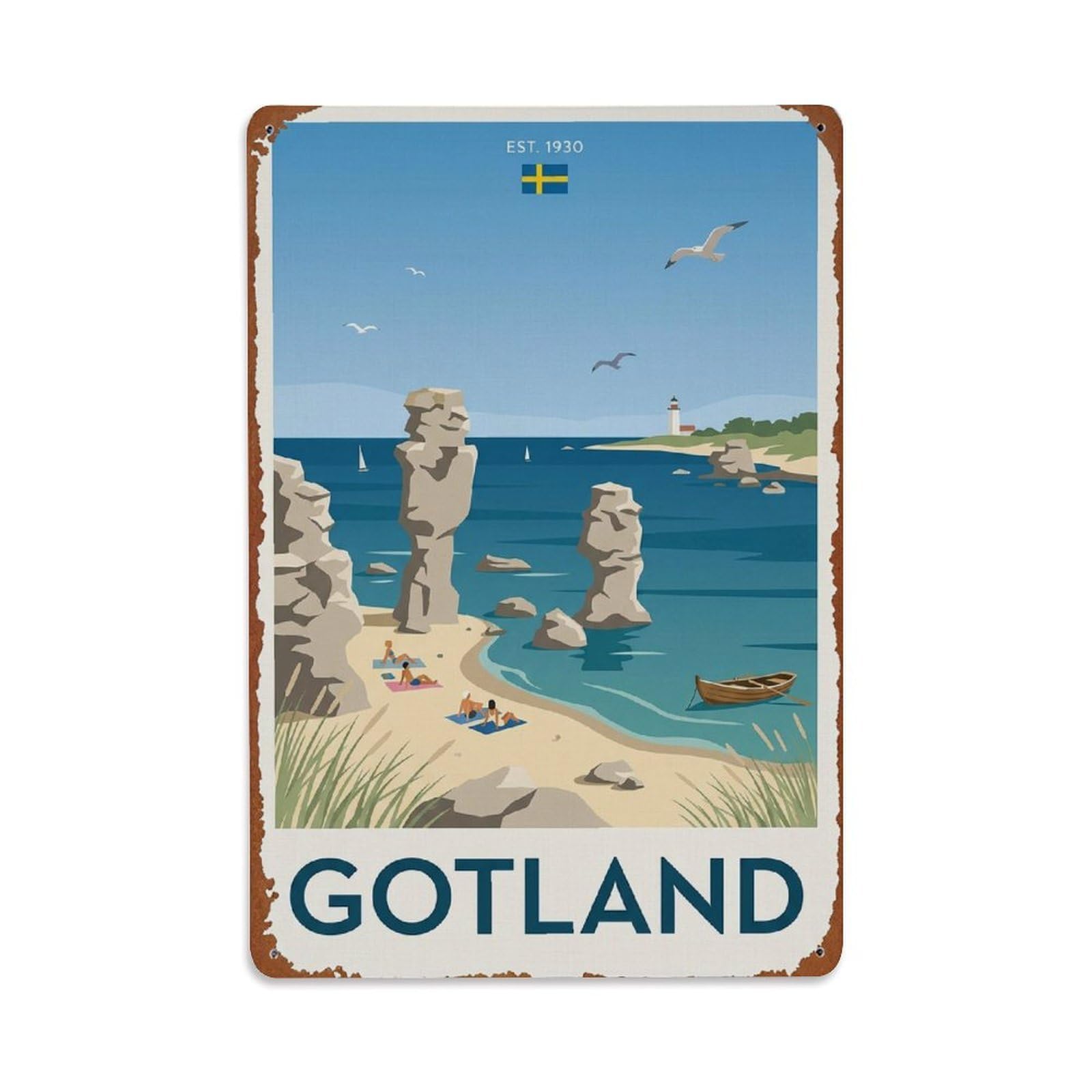 Vintage Travel Gotland Sweden Beaches Metal Tin Sign