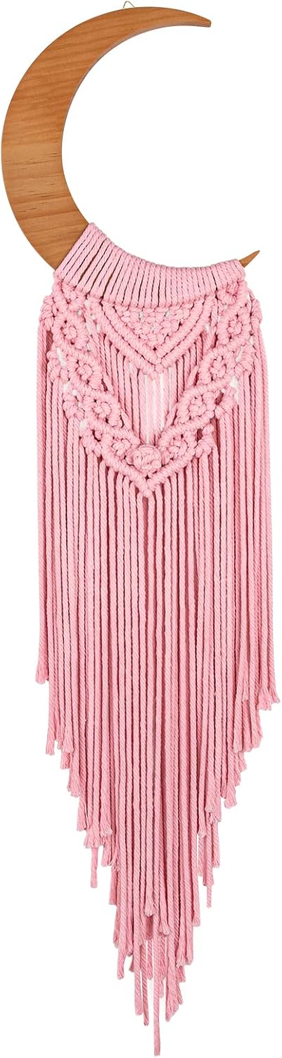 ANROYE Macrame Wall Hanging Boho Moon Decor, Bohemian Crescent Wooden Ornament with Long Tassel, Handmade Unique Wood Tapestry Home Decoration Wall Art Gift for Dorm Bedroom Nursery Living Room