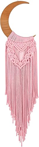 ANROYE Macramé para colgar en la pared, decoración bohemia de luna creciente con borla larga, tapiz de madera único hecho a mano, decoración del