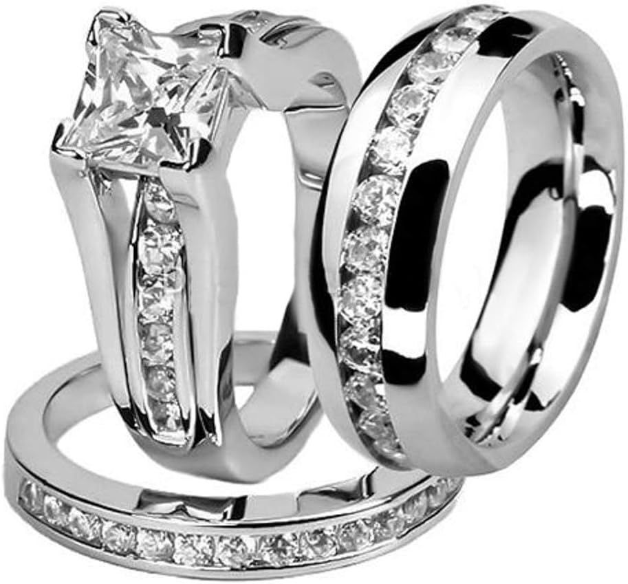 Marimor Jewelry His and Hers Stainless Steel Princess Wedding Ring Set and Eternity Wedding Band