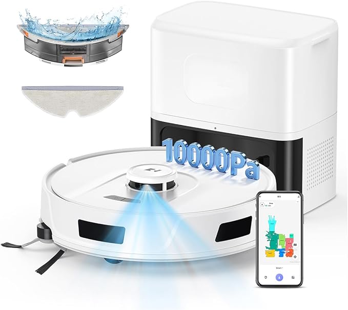 PuraLuce R11 Robot Aspirador y Fregasuelos con Mapeo, 10000Pa, Estación de Vaciado Automático 90 Días, Navegación LiDAR, WiFi App 5G/2.4G, Aspiradora Robot Autocargable para Alfombras/Suelos/Pelos