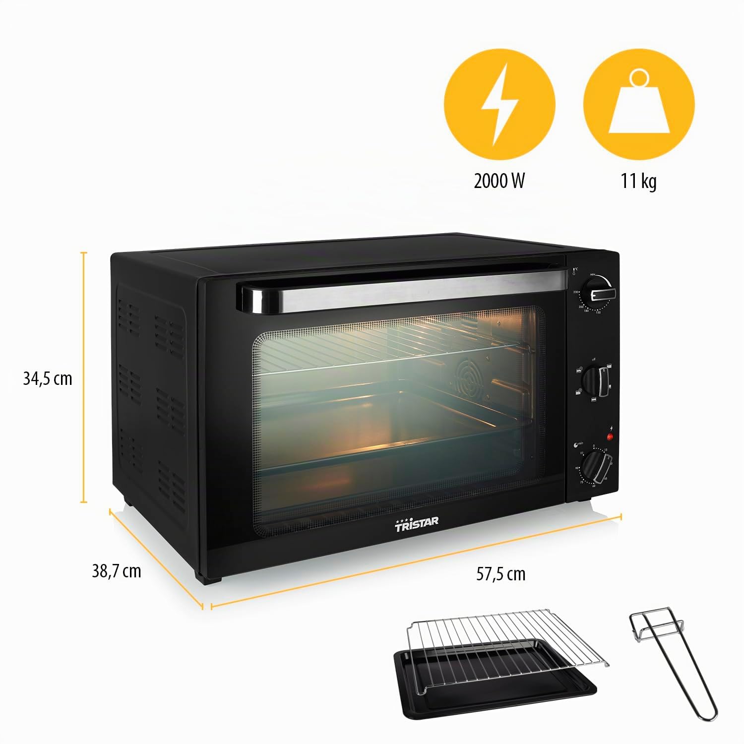 Tristar Four à convection, 2000 Watt, 60 L, Minuterie 90 min, avec Lampe Intérieure, Porte à Double Vitrage, Thermostat réglable jusqu’à 230°C, Accessoires inclus, OV-3640
