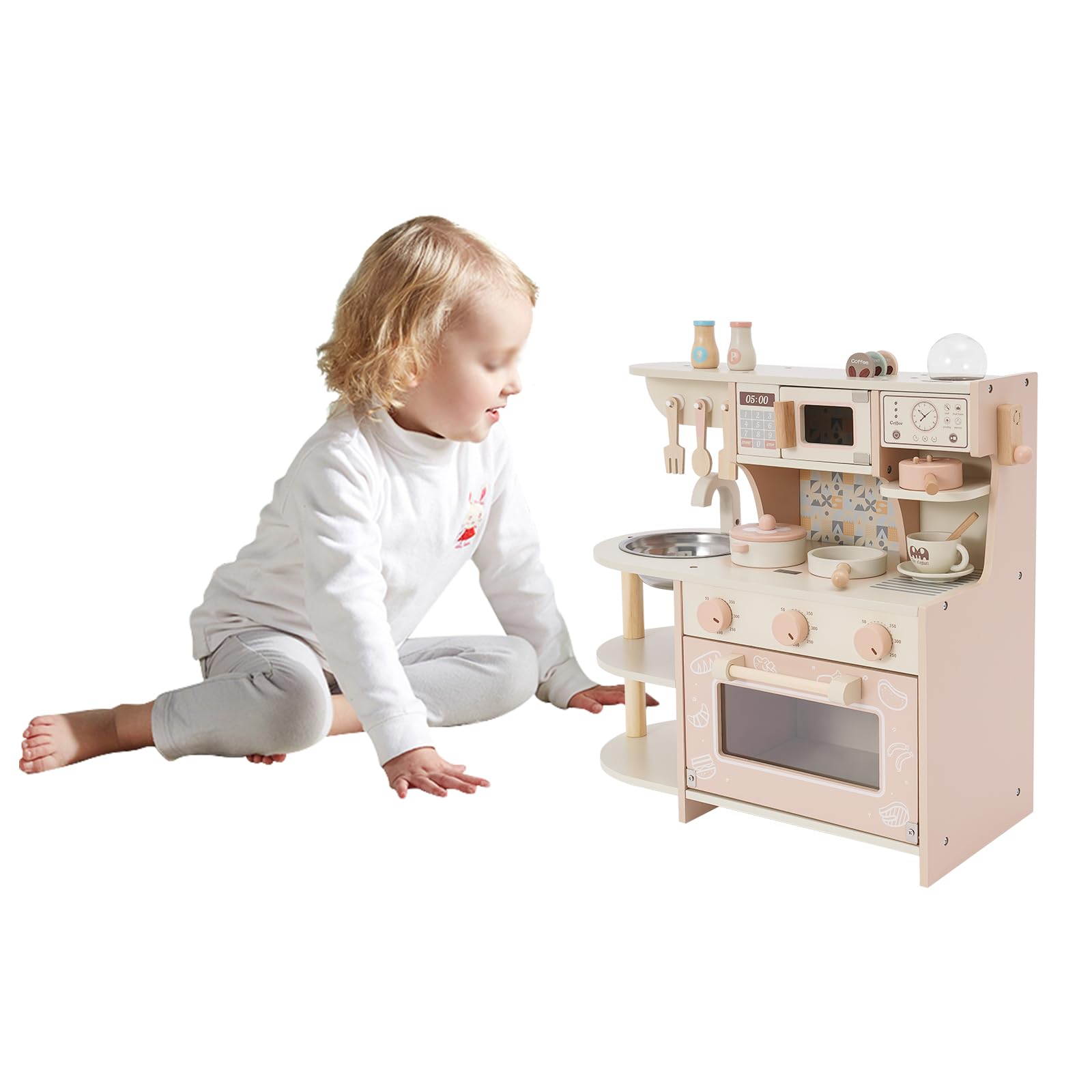 Cocina de juguete de madera para niños con estufa y cafetera, juguete de madera no tóxico, juego de rol compacto para niños pequeños juegos de rol en casa