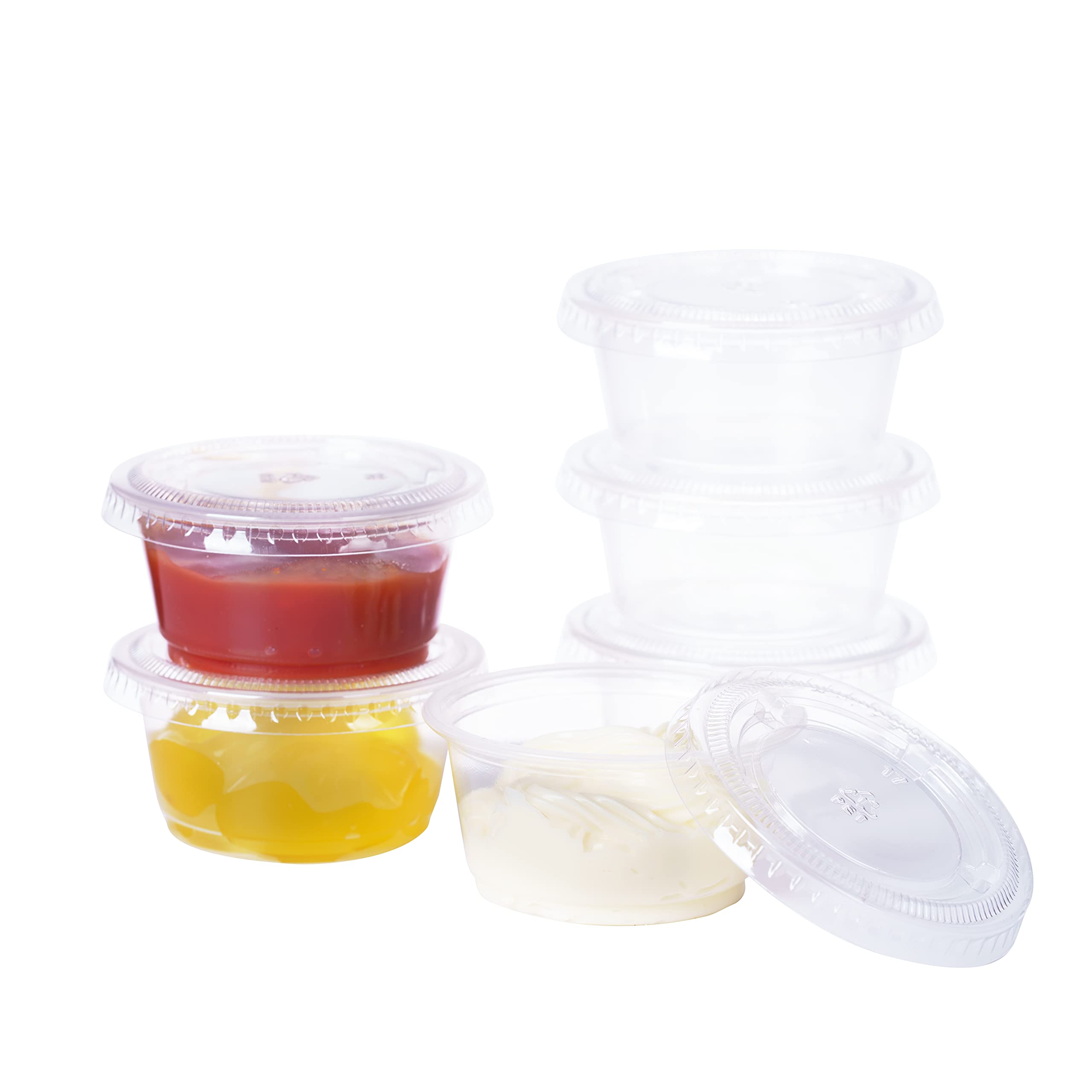 [500 juegos de 2 onzas] Vasos desechables de plástico para soufflé/porciones con tapas a granel, perfectos para vasos de chupito, condimentos, coberturas, aderezos, muestras