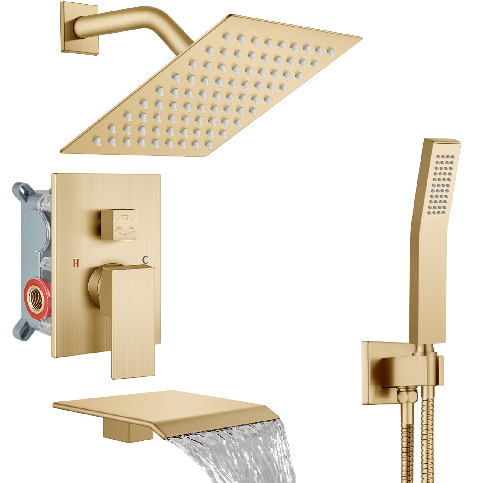Sxithgkdw Brushed Gold Shower System With Tub Spout,Bathtub Shower Faucet Set With Square Rainfall Head And Handheld Sprayer Wall Mount Tub Faucet Set With Valve And Trim Kit,8 Inch