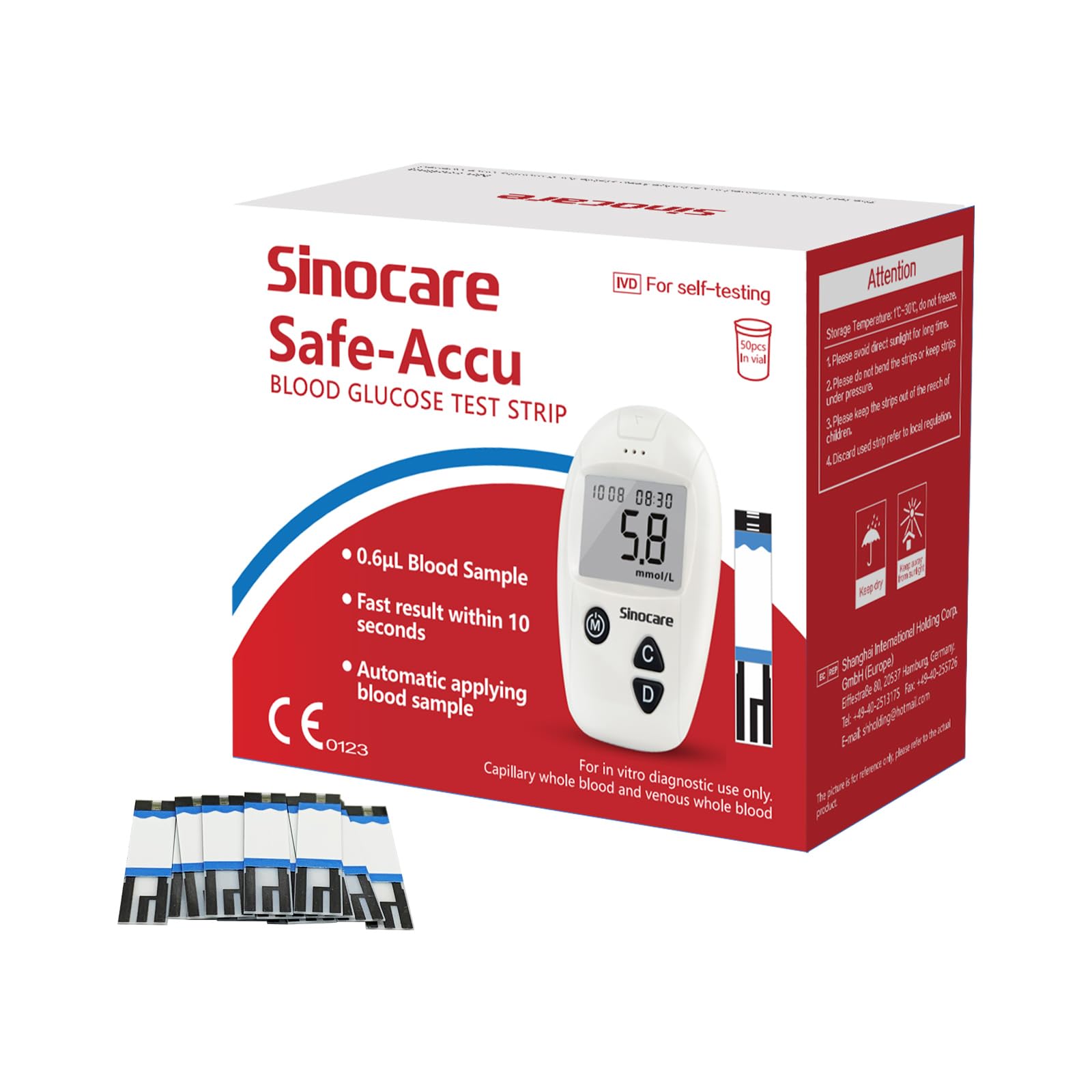 Sinocare 50PCS Safe Accu Blood Sugar Test Strips, only for Sinocare Safe Accu Glucose Monitor, only 50PCS Safe Accu Diabetes Testing Strips, NO LANS. & GLUCOMETERClimatePartner certified