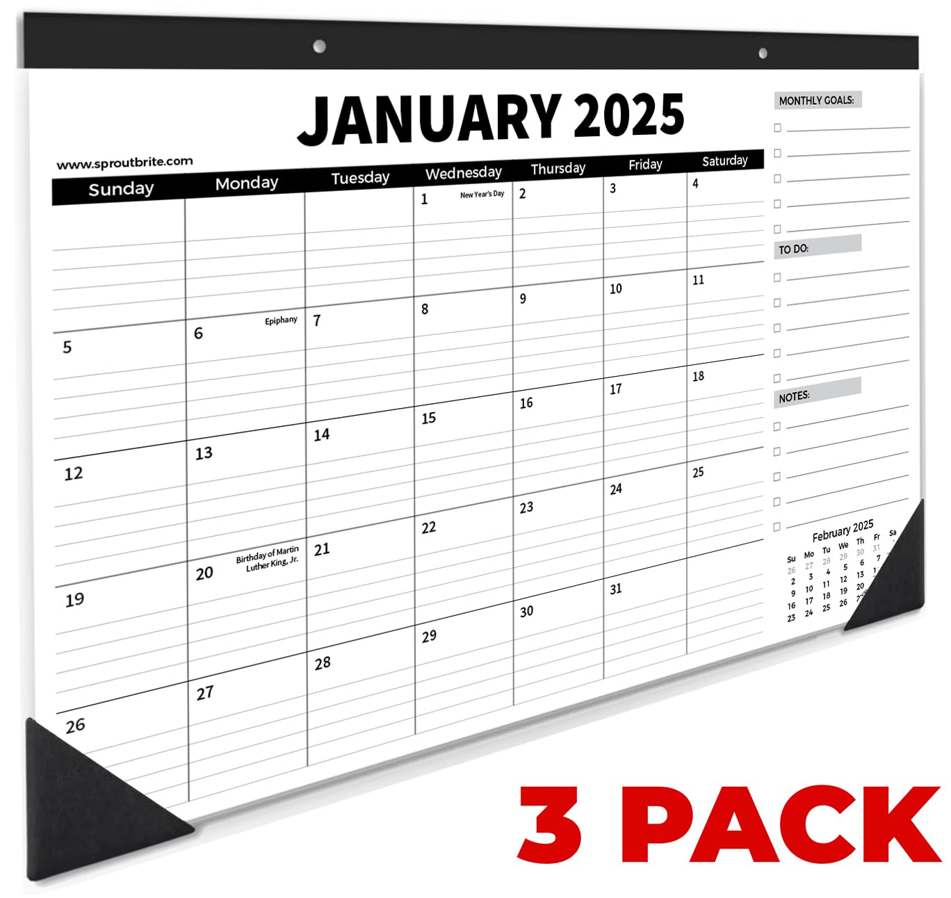 Sproutbrite 18 Month Desk Calendar 2025-2026, 17" x 11.5" Desktop Monthly Planner with To-Do List and Notes, Home, Office School Desk Calendar (3 PACK)