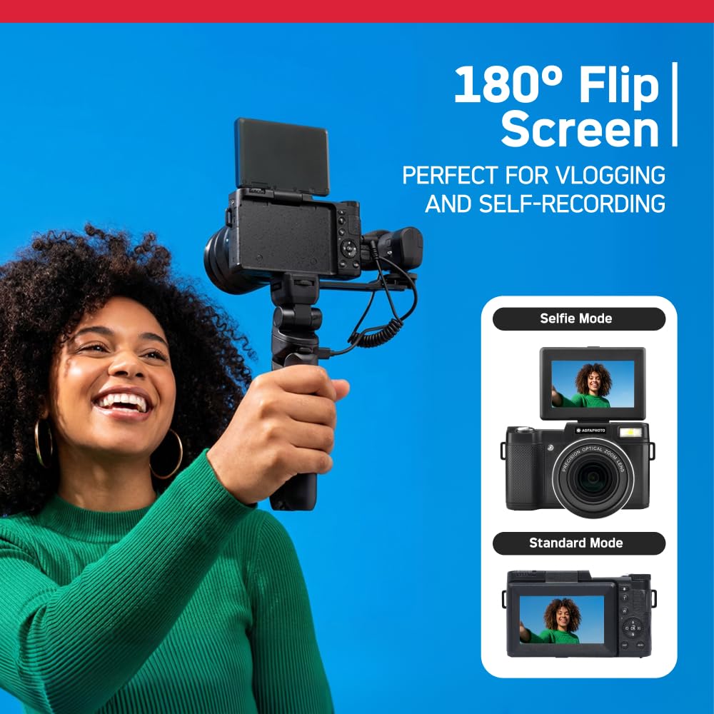 AgfaPhoto Realishot VLG-4K Kit Vlogging - Caméra 24MP, Vidéo 4K, Ecran LCD 3’’, Zoom Numérique 16X, Capteur CMOS, Batterie Lithium - Noir