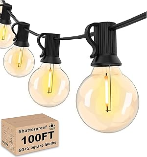 Outdoor String Lights 100ft, Patio Lights Outside with 52 Shatterproof LED Edison G40 Bulbs, Waterproof Hanging Globe Lighting for Bistro Backyard Cafe Market, Warm White