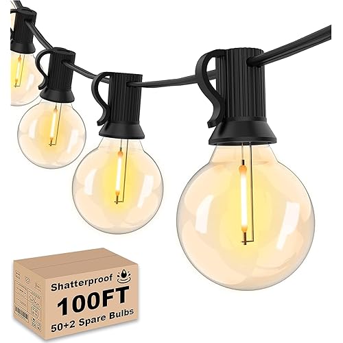 Svater Outdoor String Lights 100ft, Patio Lights Outside with 52 Shatterproof LED Edison G40 Bulbs, Waterproof Hanging Globe Lighting for Bistro Backyard Cafe Market, Warm White