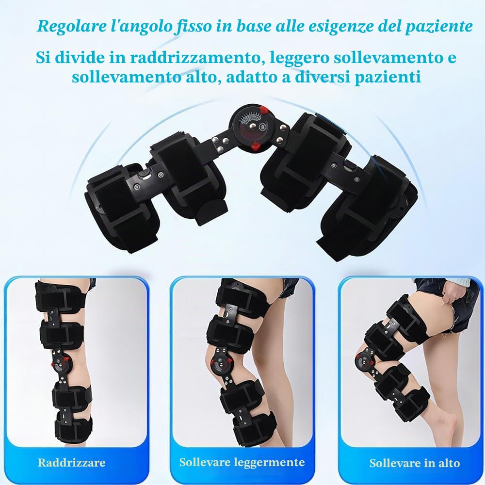 Tutore regolabile per ginocchio con cerniera e stabilizzatori per gamba – Ortesi post-operatoria per LCA, LCP, strappo del menisco, artrite e osteoartrite, supporto ortopedico per riabilitazione per